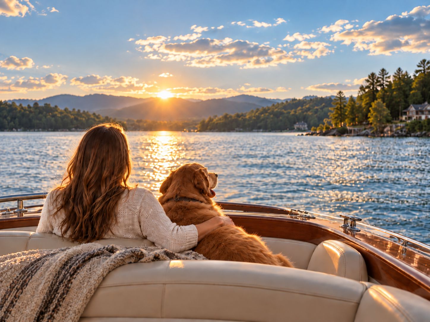 A woman and her golden retriever on a wooden boat watching the sun set over a lake.
